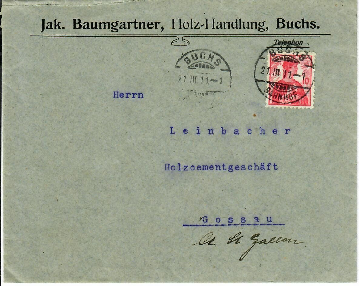 Tutti i francobolli: Brief, Jak. Baumgartner Holz-Handlung Buchs 1911 – Usato da Hochdorf venduto da Ziegel-16