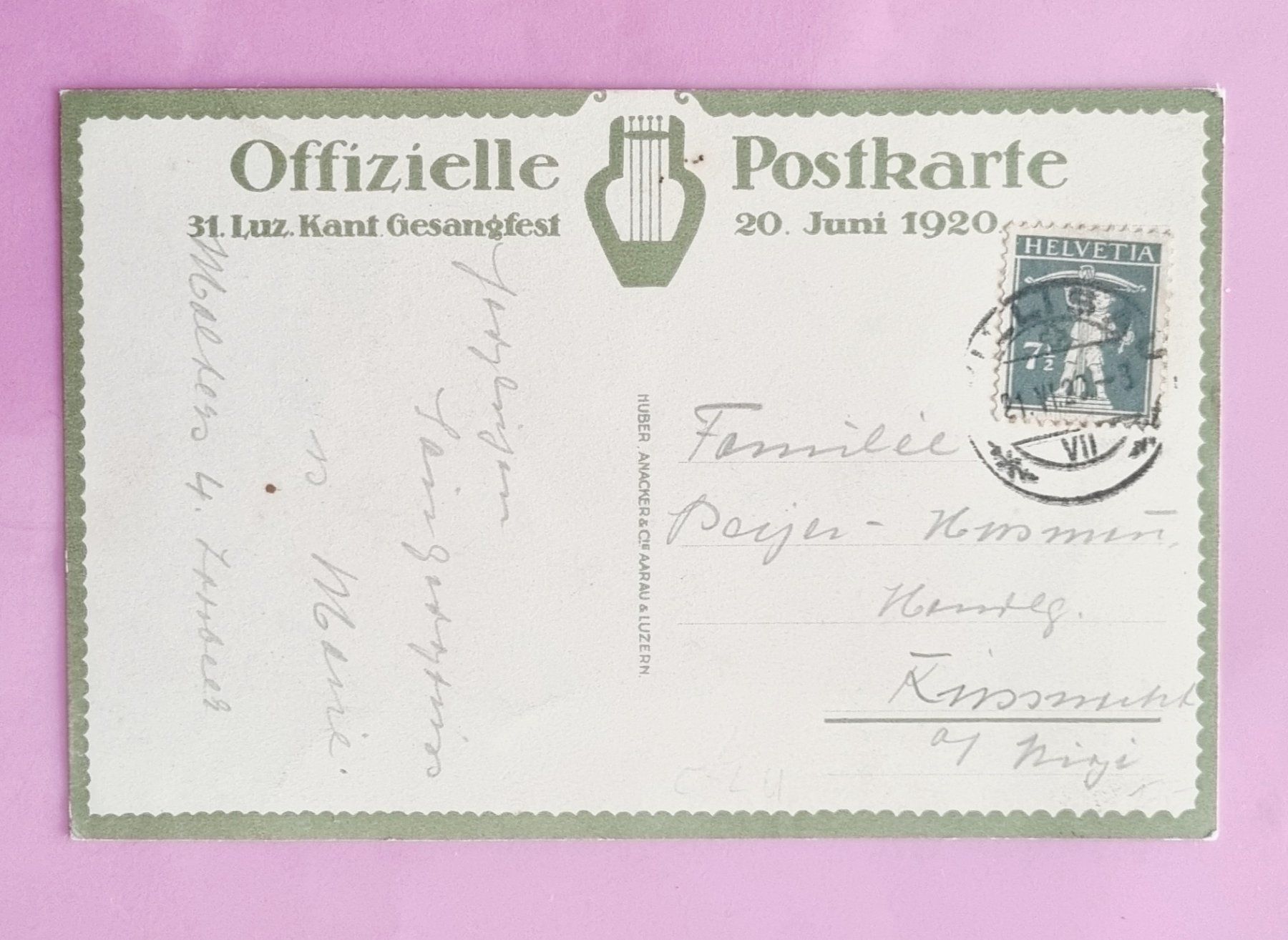 Cartoline postali: Willisau - Kantonales Gesangfest - 1920 – Usato da Rothrist venduto da RROENK 1