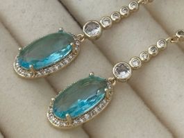 Luxus Elegante Zirkonia Ohrstecker Farbe:Gold / Hellblau