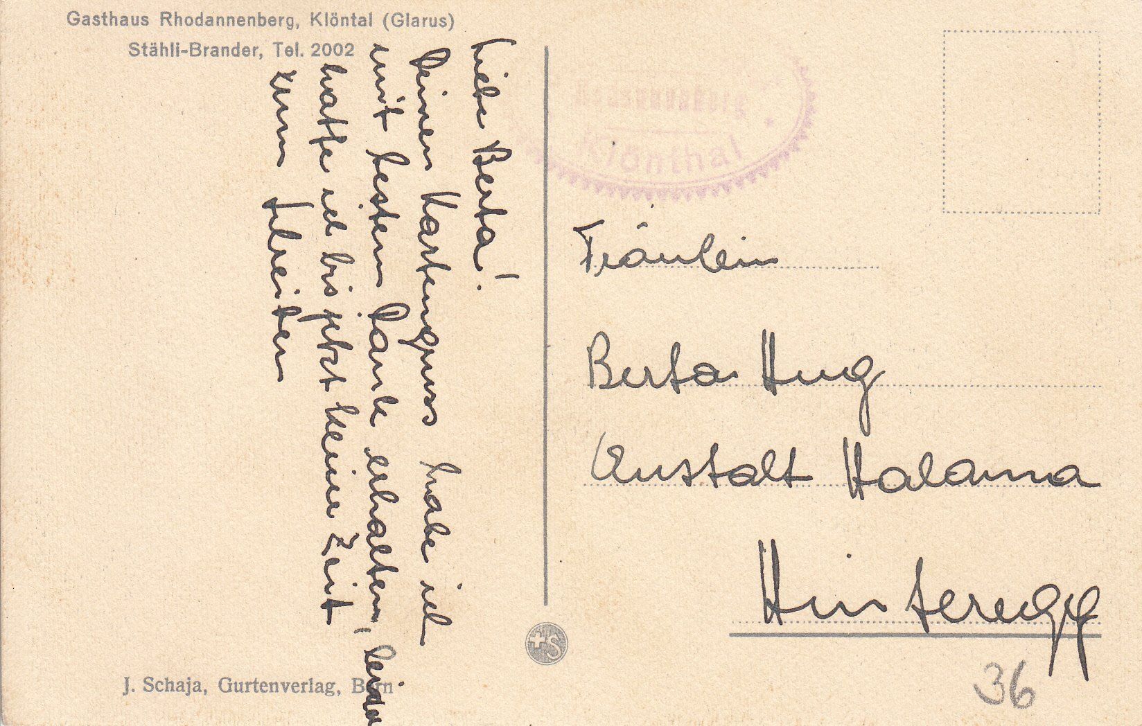 Cartoline postali: Klöntal Rhodannenberg, ca. 1920 – Usato da Bürglen TG venduto da StampGraf 1