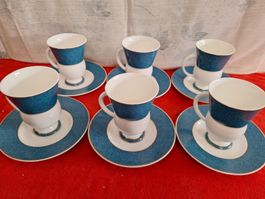 6 edle Kaffeetassen mit Unterteller, blau-weiss, neuwertig