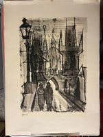 Alte Lithografie Paar vor Karlsbrücke, Prag, Winterstimmung