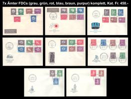 7x FDC Ämter grau-grün-rot-blau-braun-purpur komplett Fr 450
