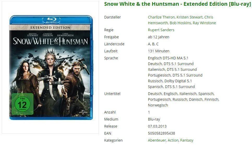 Tutti i DVDs: Snow White & the Huntsman - [Blu-ray] – Usato da Buchrain venduto da Sssschaller