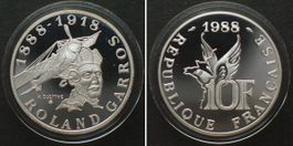 FRANCE. 10 Francs 1988, ROLAND GARROS, silver, Proof