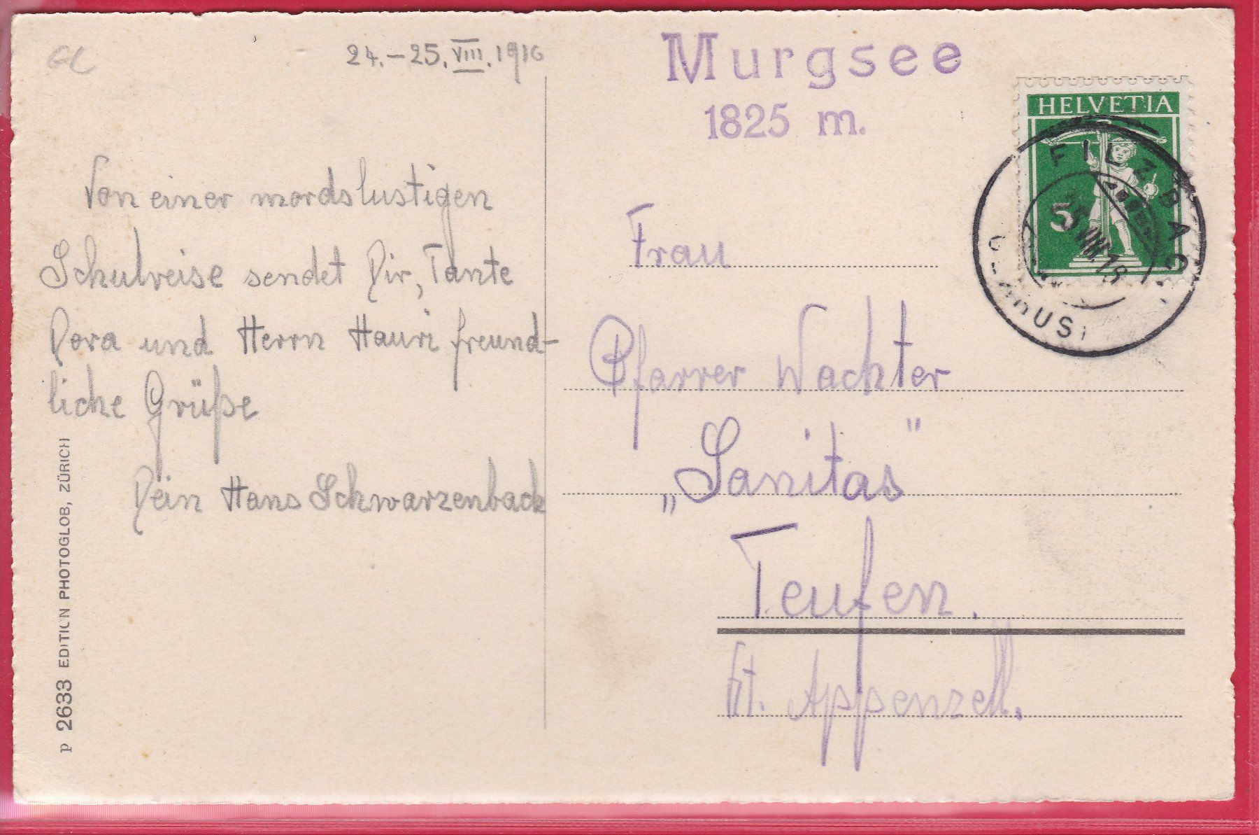 Cartoline postali: MURGSEE, 25.8.1916 – Usato da Oberrieden venduto da Gebirgsstelze 1