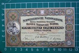 bankfrisch schweizer wilhelm tell note fünf franken 1951