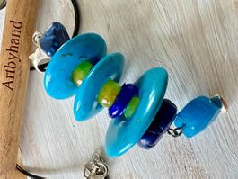 11cm Anhänger Türkis, Chrysopras, Achat, Silber an Lederband