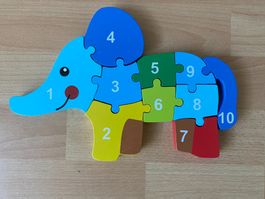 Holzpuzzle Elefant nummeriert 1-10 mit Stoffbeutel