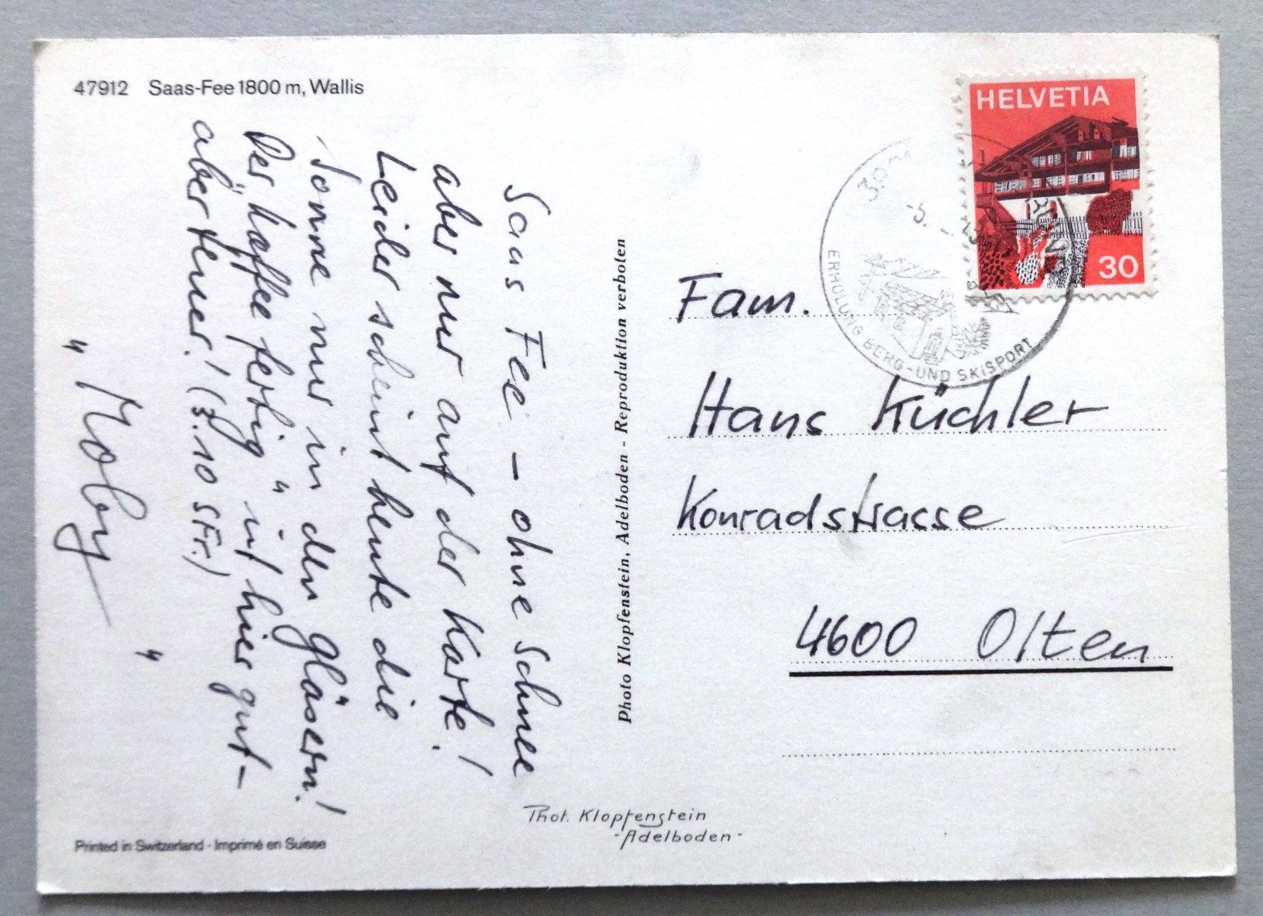 Cartoline postali: Saas-Fee 1800 m – Usato da Fétigny venduto da Billy2miny 1