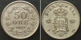 SCHWEDEN 50 Öre 1907 OSCAR II. Silber ERHALTUNG! f.unz