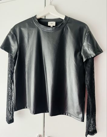 T-Shirt Lederimitat und Spitze schwarz Grösse S