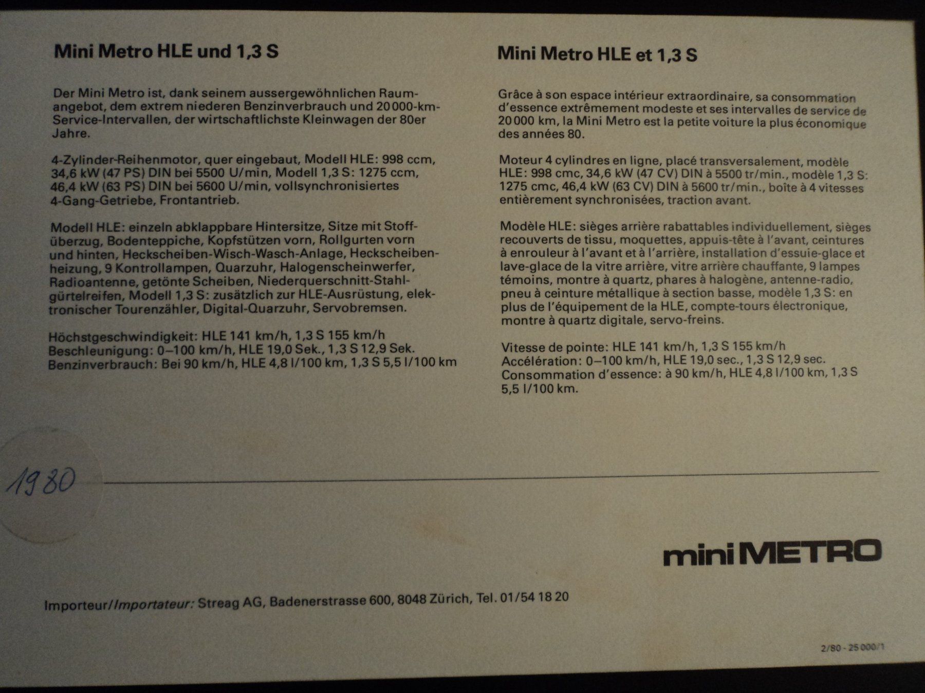 Mini Documents: Prospekt Mini Metro HLE und 1.3 S  1980 – D'occasion à Schwarzenburg par modelCARama 1