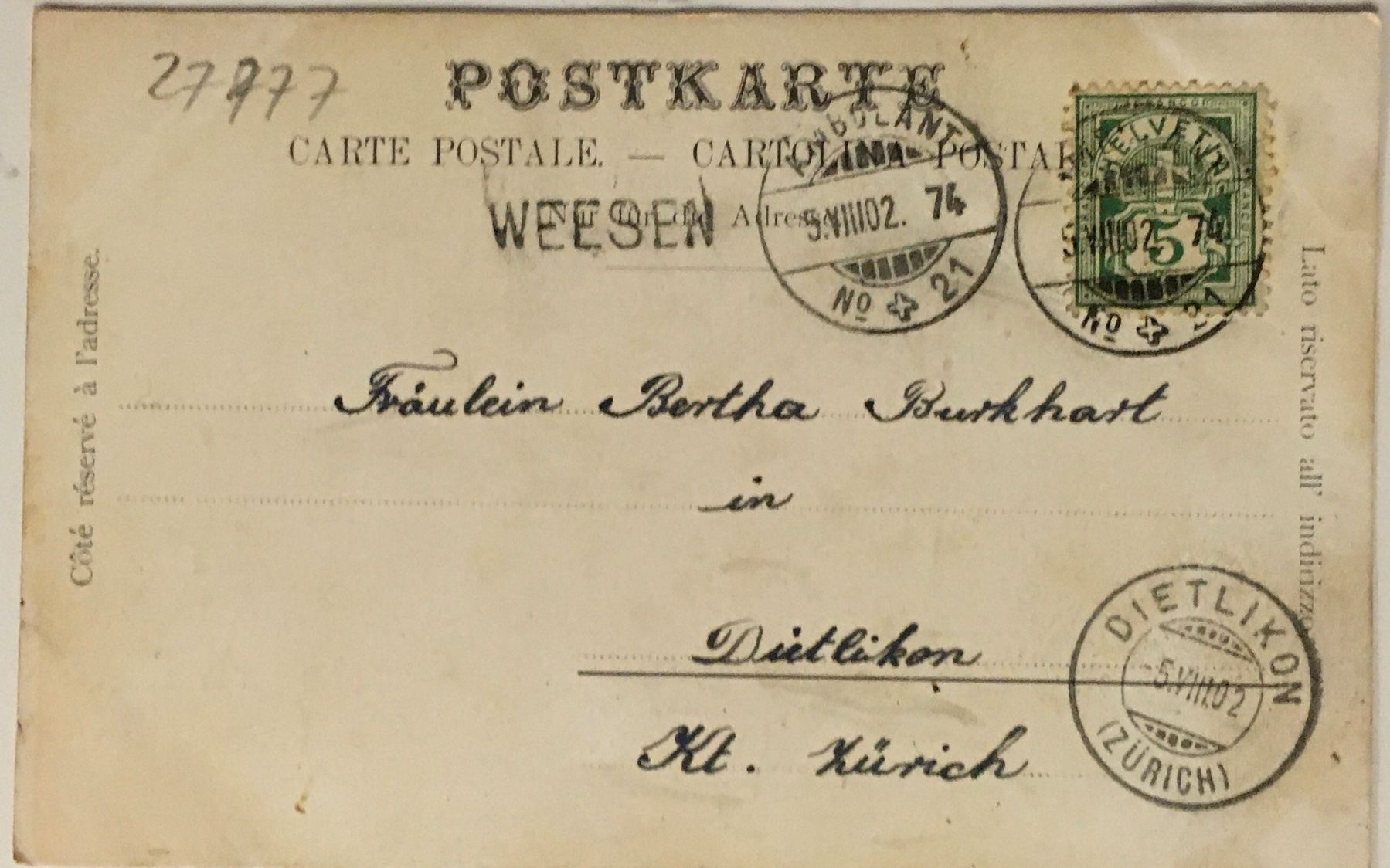 Ansichtskarten: Weesen, Stabstempel, J. Knobel, Glarus, 1902 – Gebraucht aus Frauenfeld von Merk52 1