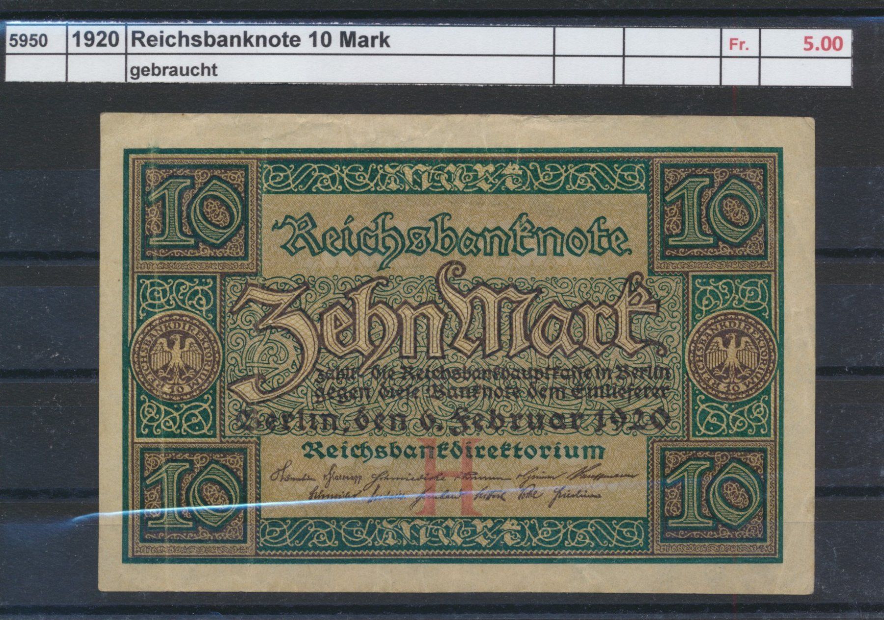 Billets de banque: 1920 DR, "10 Mark Reichsbanknote", gebraucht – D'occasion à Winterthur par Zupogeru