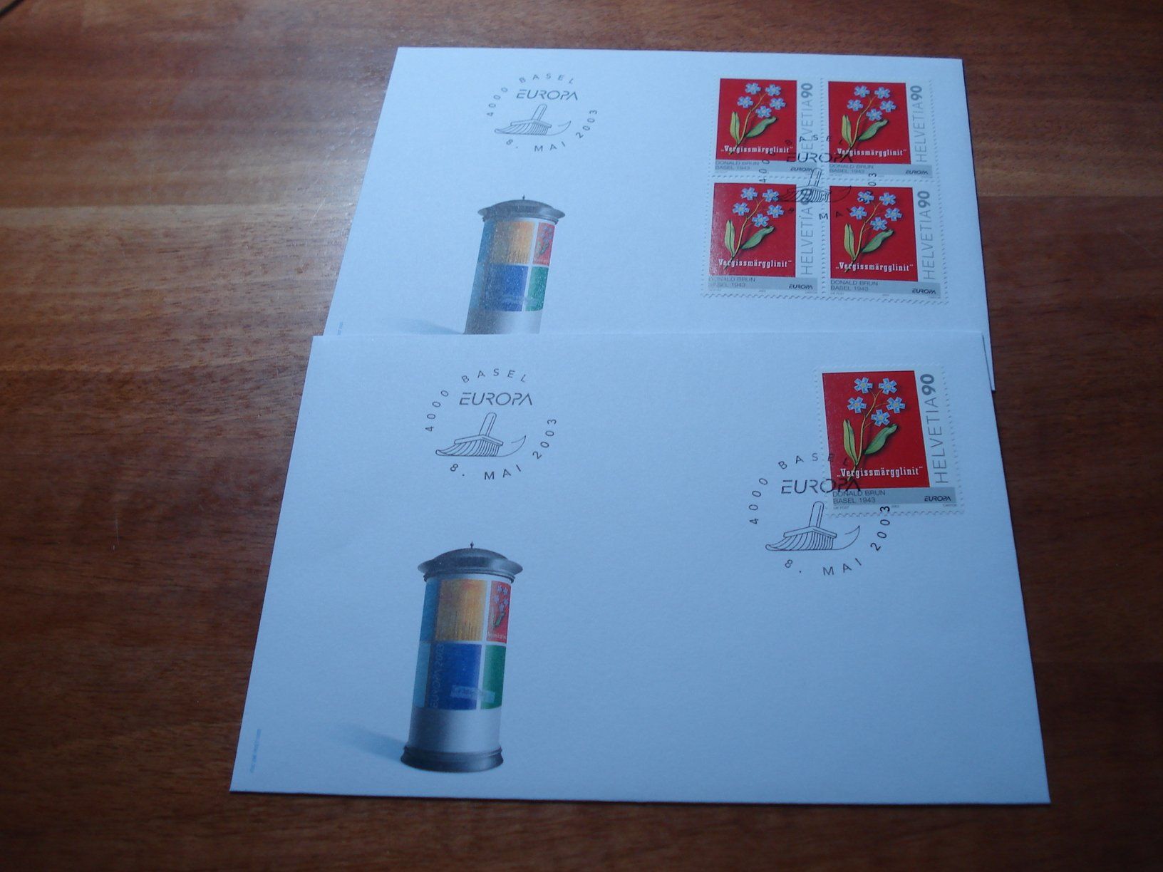 Alle Briefmarken: "Vergissmärgglinit", 2003, FDC Einzel + 4erblock – Gebraucht aus Niederwil AG von morostahu 1