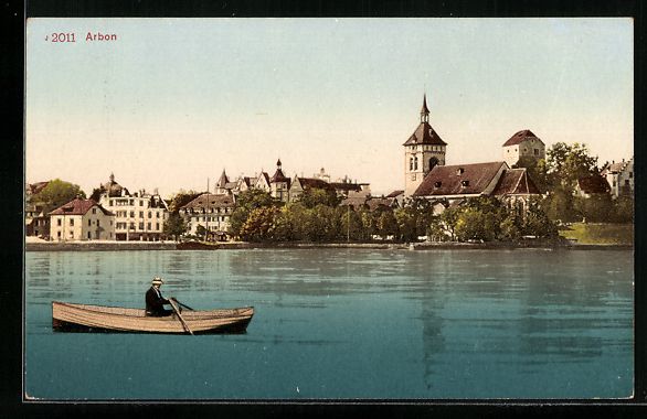 Cartoline postali: AK Arbon, Uferpartie mit Kirche und Boot – Usato da Berlin venduto da bartko-reher