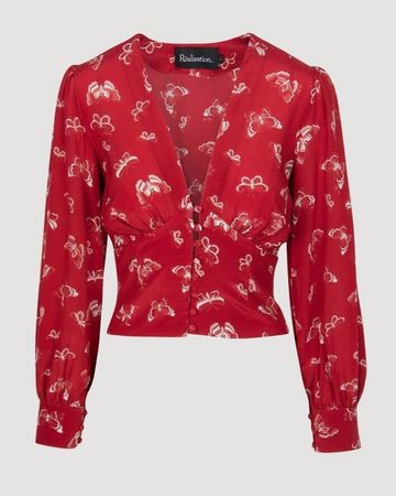 Red Butterfly Blouse, Button-Up, Size S