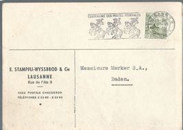 10 cts sur carte Lausanne/flamme centenaire des postes 1949