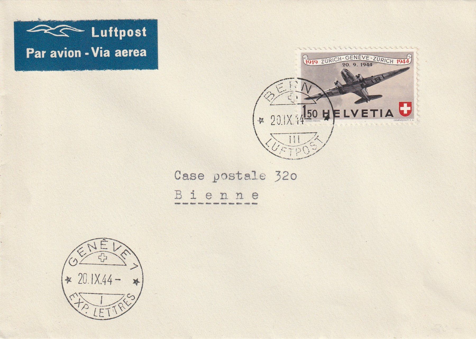 Tutti i francobolli: Flugpost Brief-Bern-Genf-1944 – Usato da uttwil venduto da Koehlerfred