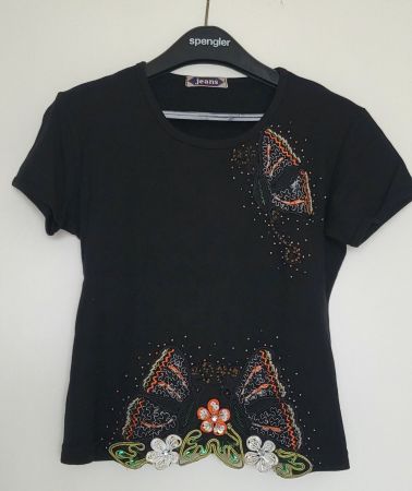 Damen T-Shirt schwarz Schmetterlings-Applikation Grösse S