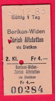 KARTON BILLETT,BERIKON-WIDEN - ZÜRICH ALTSTÄTTEN,2.KLASSE,EI