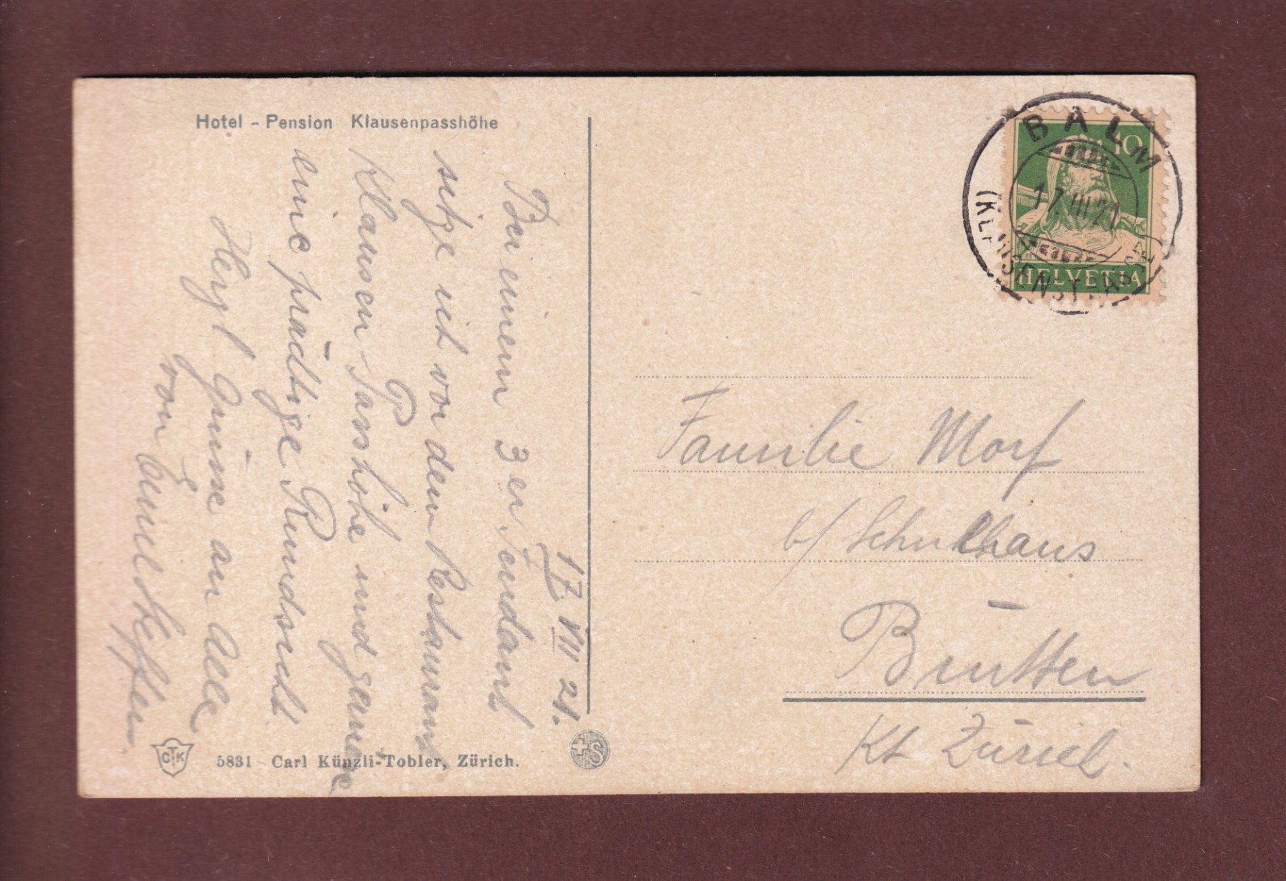 Cartoline postali: KLAUSENPASSHÖHE - 1921 – Usato da Pully venduto da nicecards 1