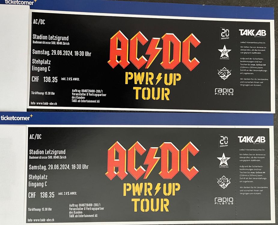 AC/DC 2 Stehplatztickets 29.06.24 Zürich (Gebraucht) in Lommiswil für ...