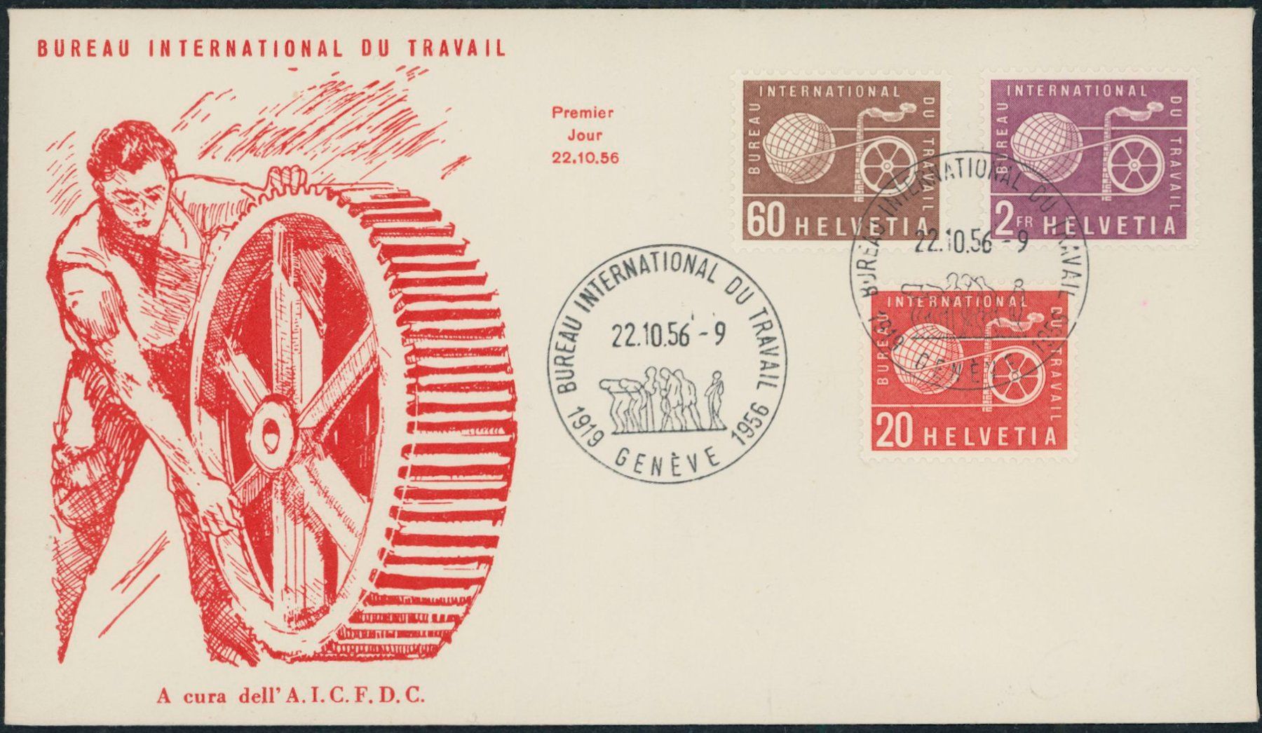 Tutti i francobolli: 1956 - Genfer Aemter - BIT - Ersttagsbrief FDC ET – Usato da Schindellegi venduto da leecollect