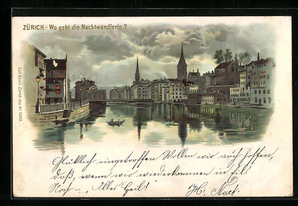 Cartoline postali: Litho Zürich, Ortspartie mit einer Nach – Usato da Berlin venduto da bartko-reher