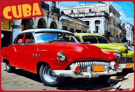 Blechschild-CUBA-ROT UND GELBES AUTO