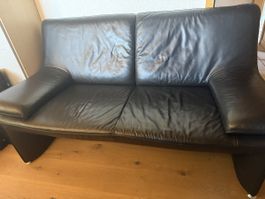 Leder-Sitzgruppe schwarz – 2 Sofas + Sessel/Hocker