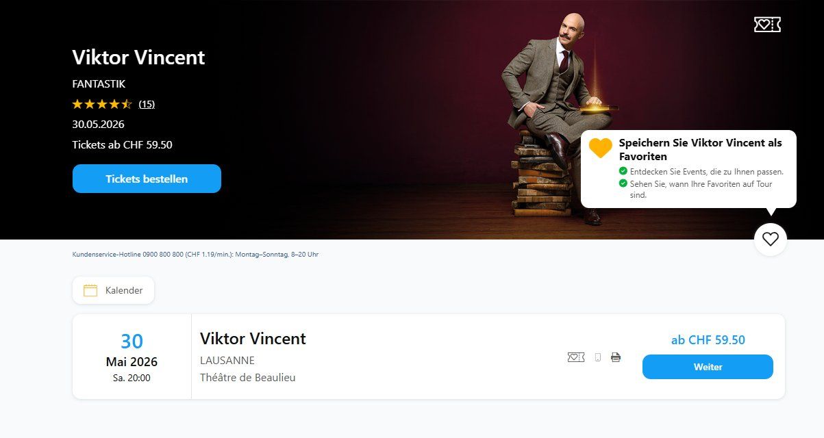 Biglietti: Ticket Viktor Vincent Mentalist 30.05 Lausanne – Nuovo e nell'imballaggio originale da Dietikon venduto da Mylene3