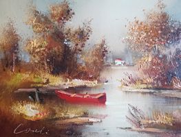 TOP Gemälde Kunst Landschaft Boot am See 104 x 37cm Rarität