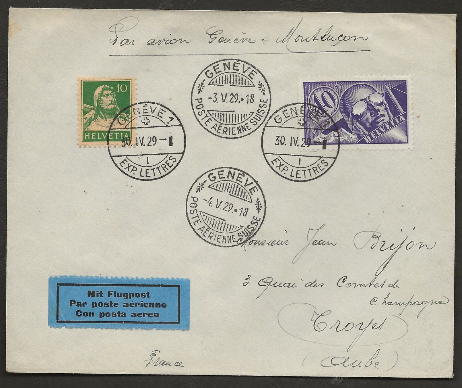 Tous les timbres: Flugpost Schweiz 1929 Genf Montluçon Luftpost – D'occasion à Au ZH par xelagreb01