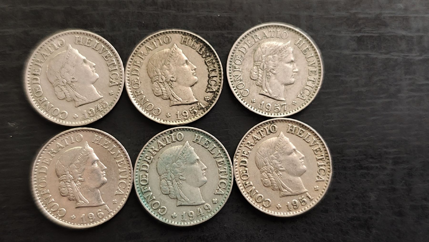 Alle Münzen: 6 x 10 Rappen (1945 - 1961) – Gebraucht aus Schiers von Pet70 1
