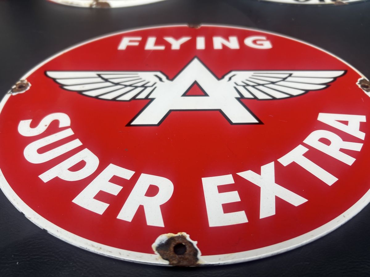 Insegne: Flying A Super Extra Email schild, Durchmesser 20 cm – Usato da Mellingen venduto da Oelquelle 1