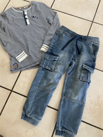 Jungen Set Langarmshirt Gr.128 und Cargohose Gr.122 blau 