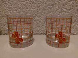 2 Retro Gläser, orange-gold Schmetterling, Gitter, Vintage