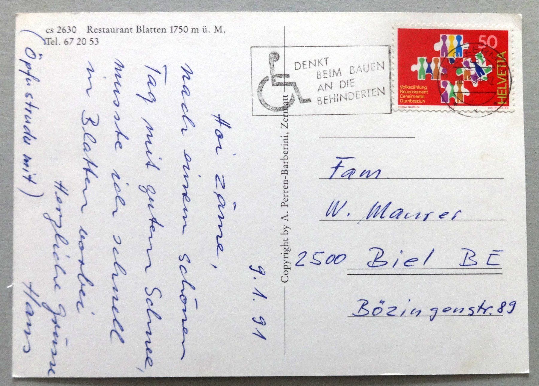 Cartes postales: Restaurant Blatten 1750 m ü.M. – D'occasion à Fétigny par Billy2miny 1