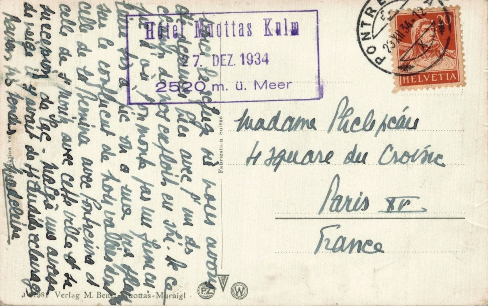 Cartes postales: Ansichtskarte Hotel Bernina Diavolezza Morteratsch 1934 – D'occasion à Luzern par Kartenansicht 1