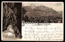 Lithographie Meiringen, Ortsansicht aus der Vogelschau und A