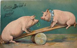 Prägedruck, Neujahr, Schweine, Schaukel, Kleeblatt