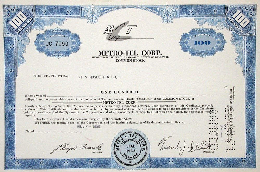 Dokumente: Metro-Tel Corporation - 1964 – Gebraucht aus Solothurn von Sgasche