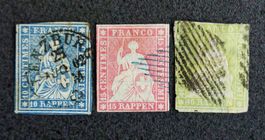 SWITZERLAND 1854 à 1859: «Strubeli», 3 timbres, oblitérés
