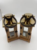 2 Windlichter Holz Messing mit Ledergriff gebraucht