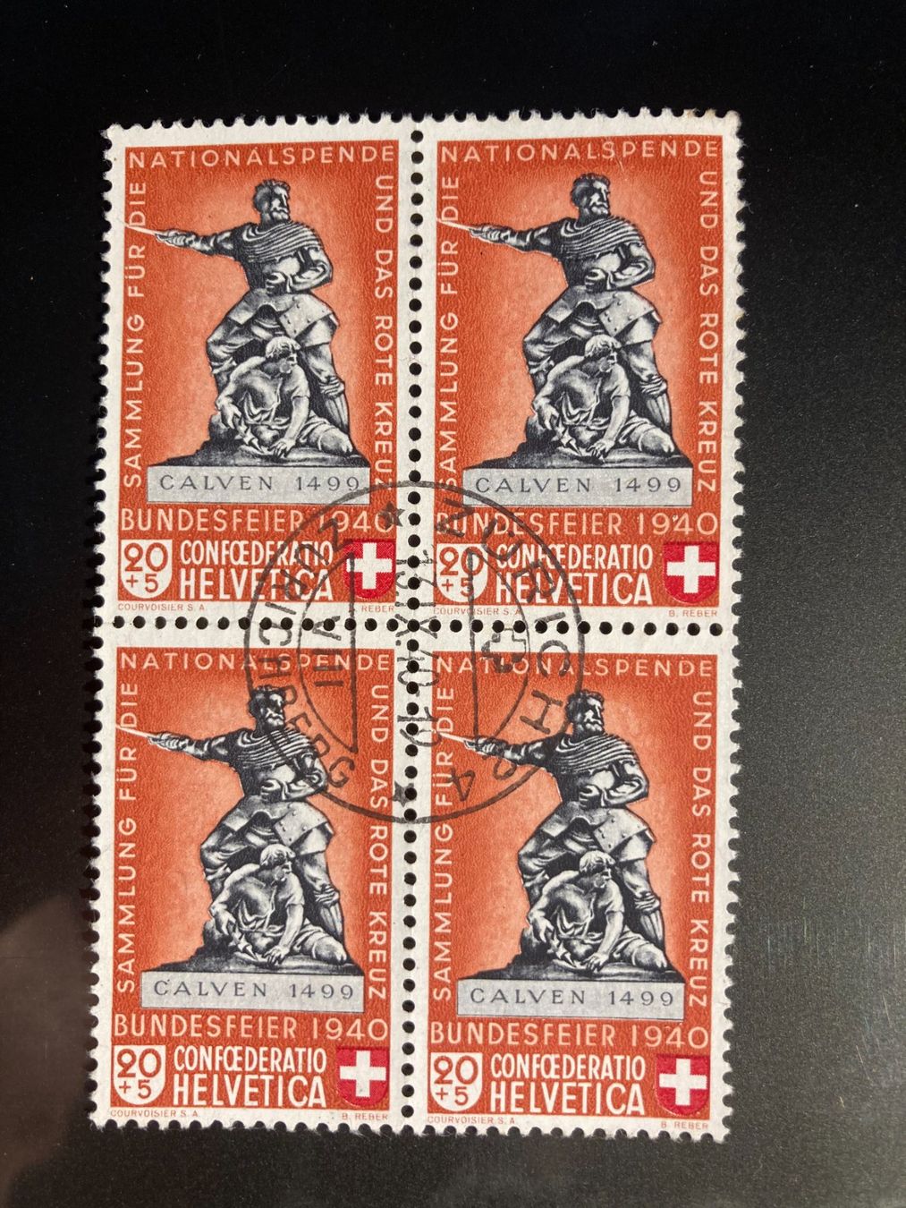 Alle Briefmarken: Schweiz 1940 Pro Patria 20 Calven hellrot 4er-Block 16.IX.40 – Gebraucht aus Liestal von schnueps