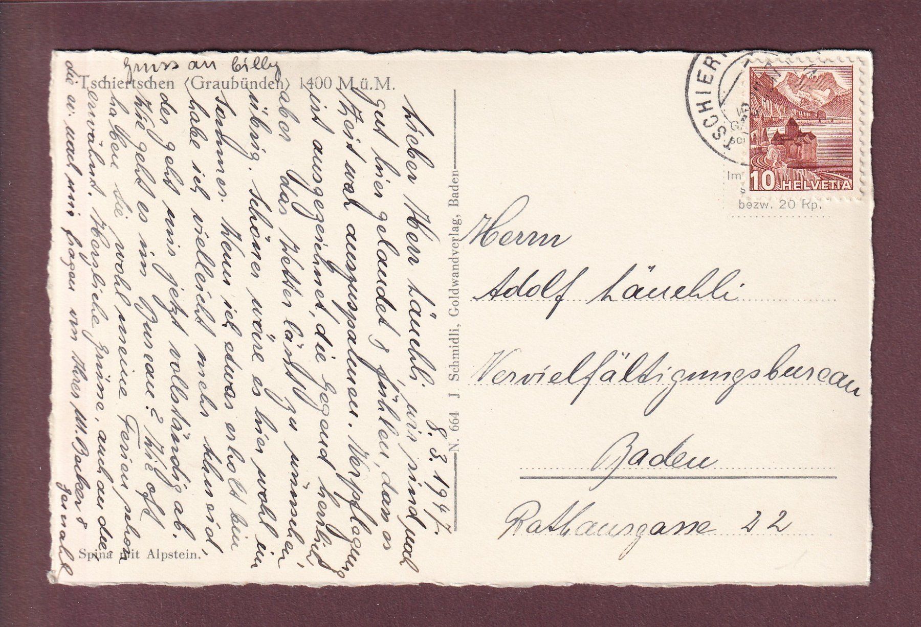 Cartoline postali: TSCHIERTSCHEN - 1947 – Usato da Pully venduto da nicecards 1