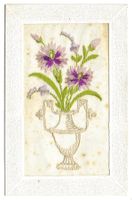 Seidenkarte - gestickt - Henkelvase - Blumen - um 1910