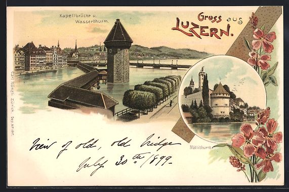 Ansichtskarten: Litho Luzern, Kapellbrücke und Wasserth – Gebraucht aus Berlin von bartko-reher
